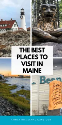 Collage with lighthouse, large troll, huge LL Bean Boot, and waterfront at sunset