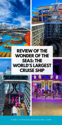 Collage with pool deck, atrium with balconies and waterslides at the top, carousel, and pink slides going down the front of the ship. 