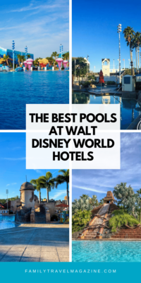 Various pools at Walt Disney World including Nemo Pool with coral statues, Stormalong Bay with yellow tower, Dig Site pool with pyramid, and pool with Spanish towers.