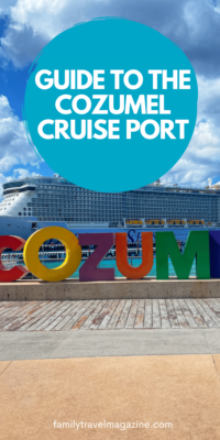 Colorful letters spelling Cozumel with the Odyssey of the Seas in the background. 