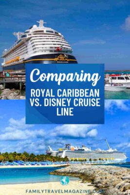 Disney Cruise line ship at Castaway Cay, Royal Caribbean ship docked at CocoCay.