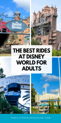 Collage with Haunted Mansion sign, exterior of Tower of Terror, Space Mountain exterior, and entrance to Rock N Roller coaster with large car on sign