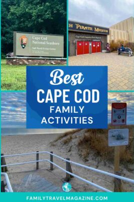 the sign for the Cape Cod National Seashore is in the middle of a grassy field with trees in the background, the entrance to the wyndham pirate museum, a beach with stairs leading to the ocean and a sign