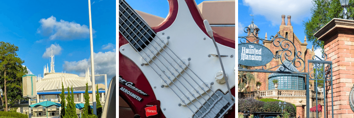 Space mountain exterior, red guitar in front of Rock N Roller Coaster, Gate leading to Haunted Mansion