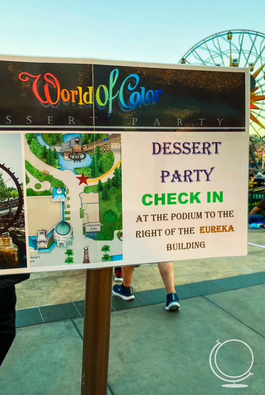 Sign for World of Color Dessert Party check in 