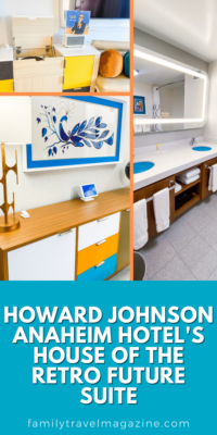 record player, double sink with blue basins, and colorful credenza