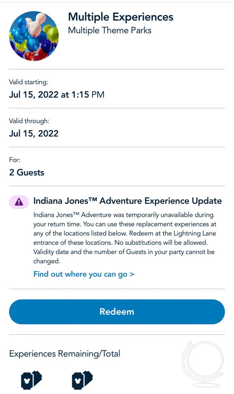 Screenshot of multiple experiences alert on screen, showing that Indiana Jones Adventure was unavailable during return time so pass is available for the remainder of the day