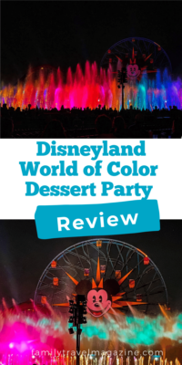 Colorful water fountains and lights in front of Pixar Pier at the World of Color. 