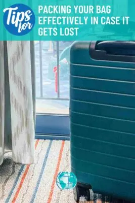 Teal suitcase in front of hotel window with water park in background