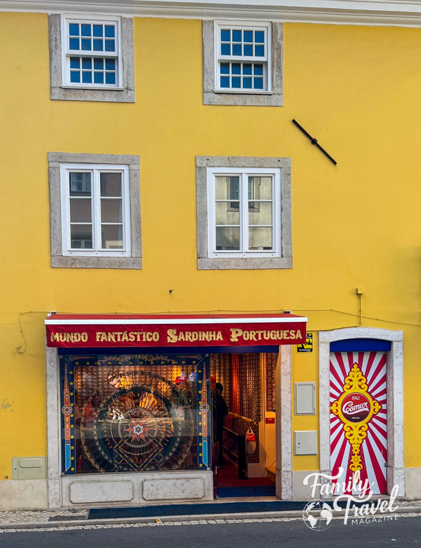 Colorful sardine shop in a yellow building in Sintra