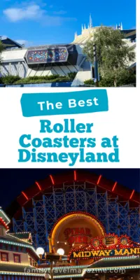 Space Mountain from a distance with white building in foreground, and the Incredicoaster lit up at night with Midway Mania in the foreground. 