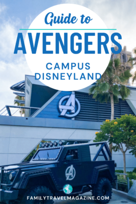 Avengers campus building and car with "A" Avengers logo on it