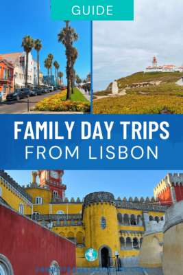 Tree lined street, red tops small lighthouse, colorful Pena Palace