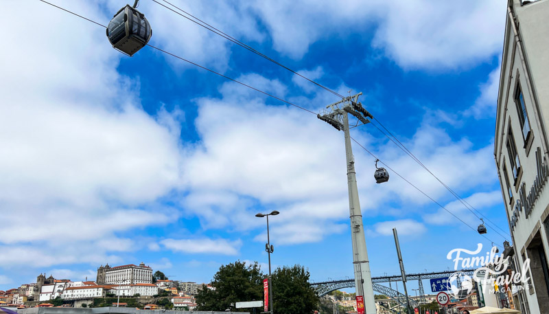 Cable cars up in the blue sky with clouds and buildings in the background. 
