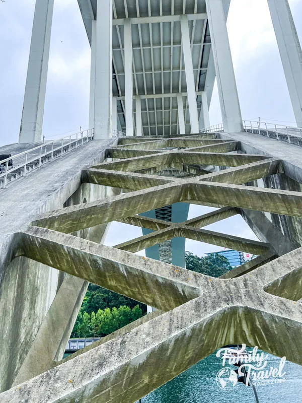 Looking down on arch of bridge with steep staircases on either side. 