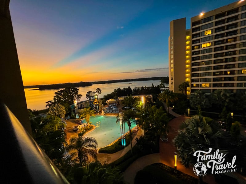 Bay lake and pool at sunrise with orange sky. 