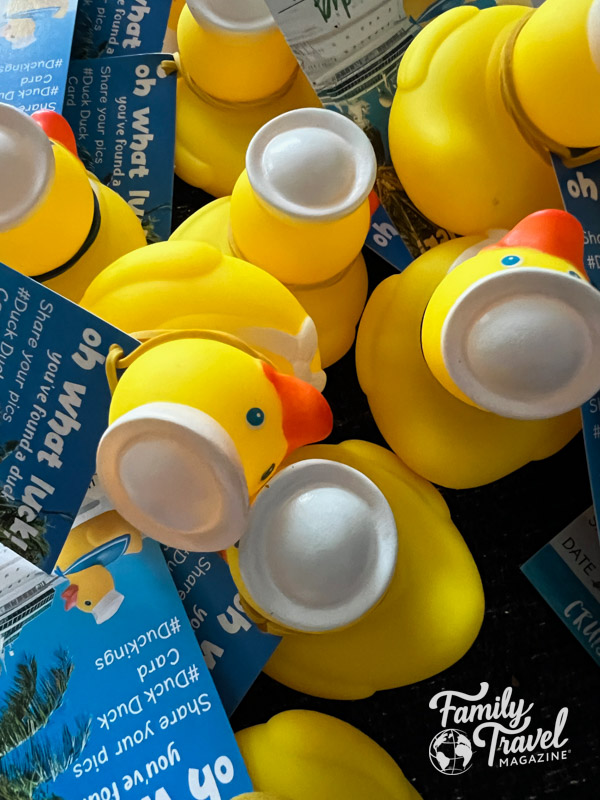 pile of yellow rubber ducks with white sailor hats and tags hanging 