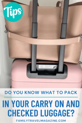 Light pink tote on top of pink roller suitcase