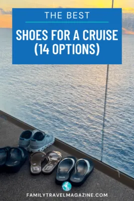 Four pairs of shoes on a cruise balcony overlooking the water.