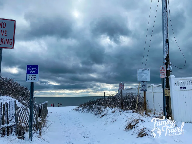 Entrance to snow covered beach