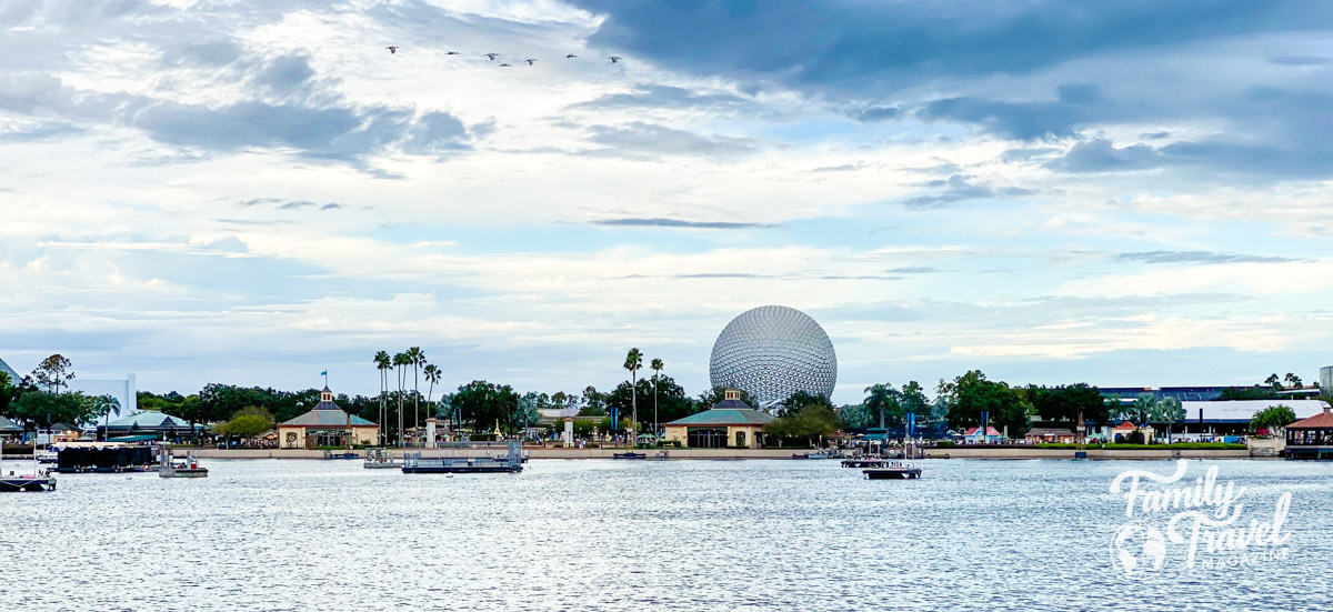 Epcot Spaceship Earth from afar with World Showcase Lagoon in the foreground