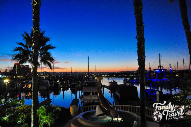 San Diego waterfront at sunset with boats, palm trees, and blue and pink skies
