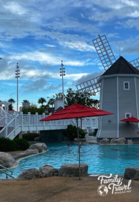 Stormalong Bay at Disney's Beach Club Resort with windmill, and umbrellas