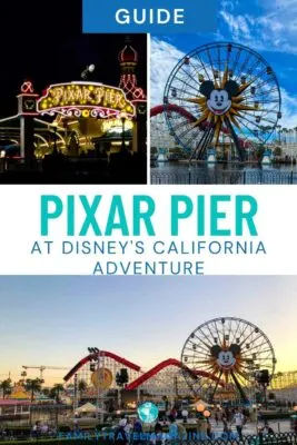 Entrance to Pixar Pier at night, Mickey's Pal a Round wheel during the day, overview of Pixar Pier with Incredicoaster and wheel at sunset