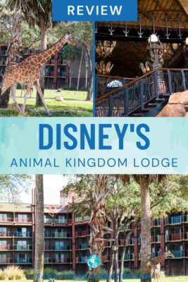 Disney's Animal Kingdom Lodge review collage with close up of giraffe, photo of African-inspired lobby staircase, and exterior of hotel with palm trees