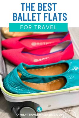 Pink and teal ballet flats in small suitcase