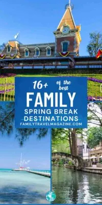 the best spring break destinations for families collage with Disneyland train station, bridge over riverwalk, and boat in Grand Cayman on light blue water. 