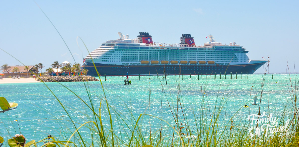 The Disney Fantasy docked at Castaway Cay with turquoise water