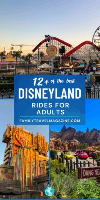 Best Rides at Disneyland collage with Incredicoaster, Radiator Springs racers cars, and exterior of Mission Breakout. 