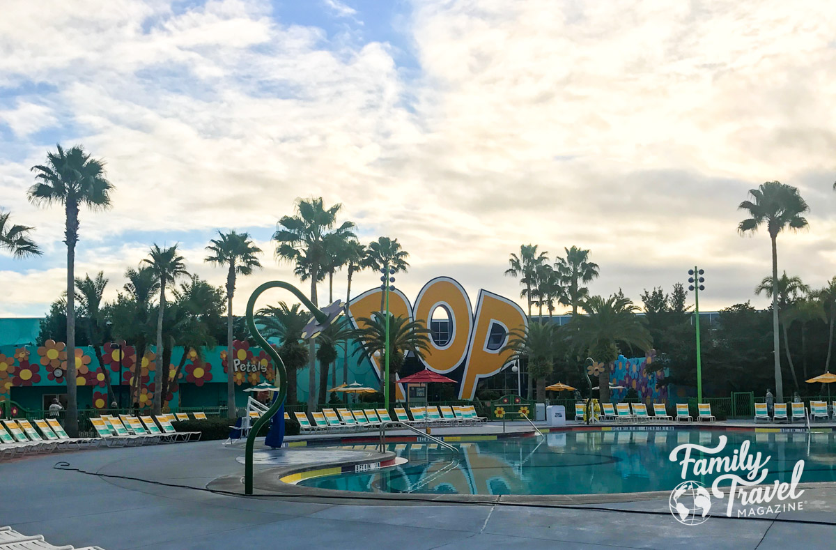 VIew of main Pop Century building from the pool area in the morning (Pop Century resort review)