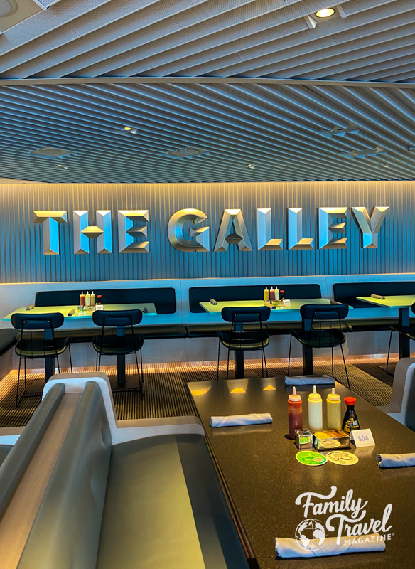 Tables and chairs (booths and separate tables) at the galley 