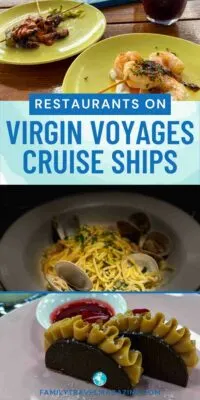 Food at Virgin Voyages restaurants including shrimp and octopus, pasta with clams, and chocolate tacos