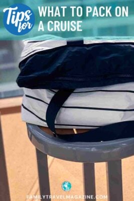 White and black striped tote on a table on a cruise balcony