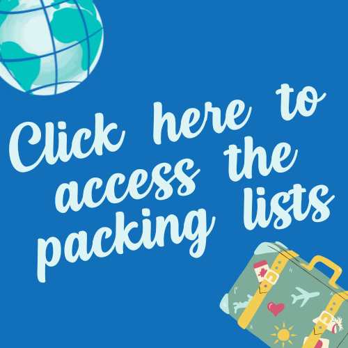 globe and suitcase icons with words "Click here to access the packing lists"