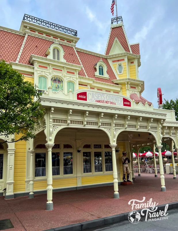 Casey's Corner Famous Hot Dogs exterior, one of the best places to eat at Walt Disney World on a budget