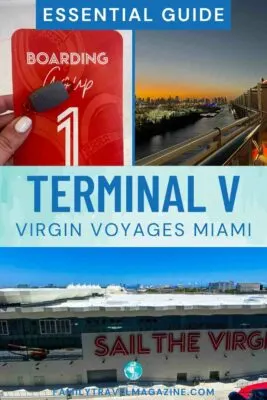 Boarding group card with wearable bracelet, Miami port at sunset, Terminal V building with red lettering