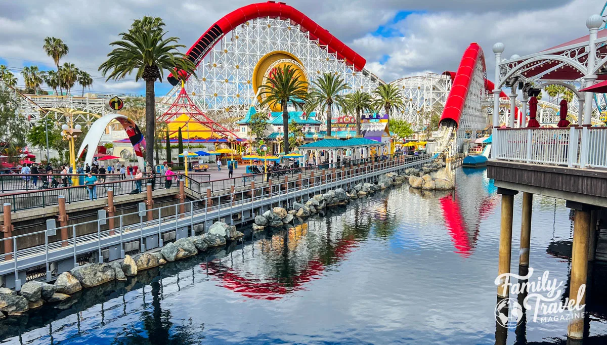 Pixar pier with Incredicoaster at Disney California Adventure, one of the theme parks in Southern California