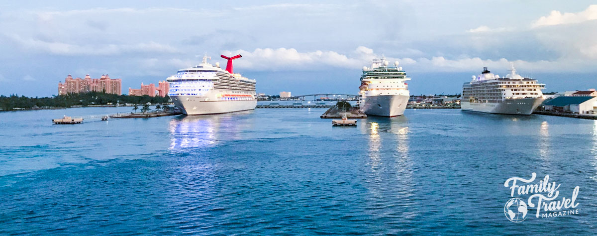 three cruise ships docked at Nassau (for post, What is a Stateroom on a Cruise Ship?)