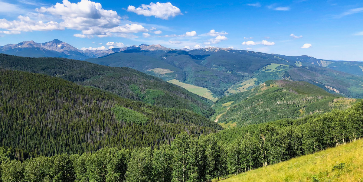 Vail mountains with blue sky and green trees