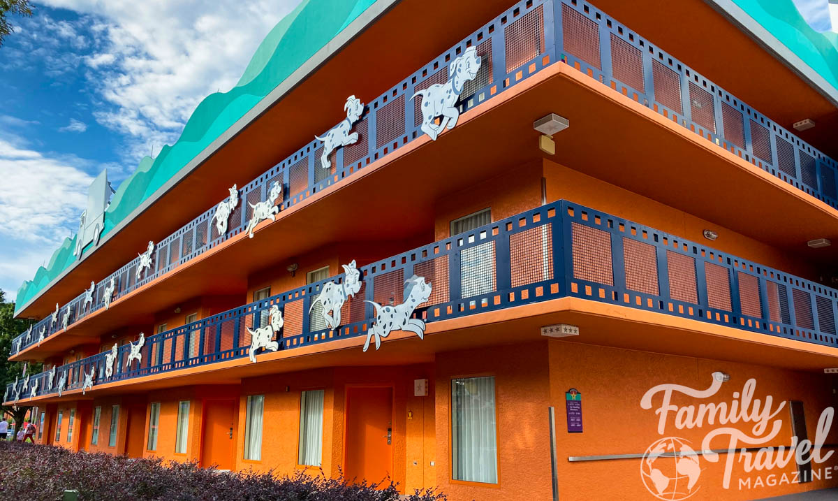 Exterior of building at All Star Movies Resort with Dalmatians on building. 