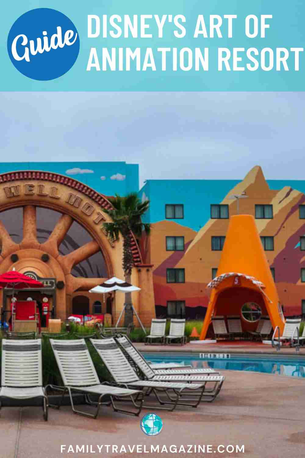 Wheel Well Hotel facade in front of hotel with cone cabanas, lounge chairs, and pool in the foreground