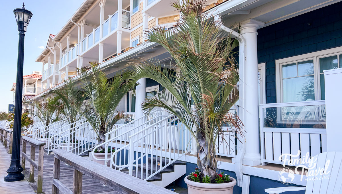 Bethany Beach Ocean Suites (one of the best Bethany Beach Hotels) along boardwalk with individual terraces for the hotel rooms 