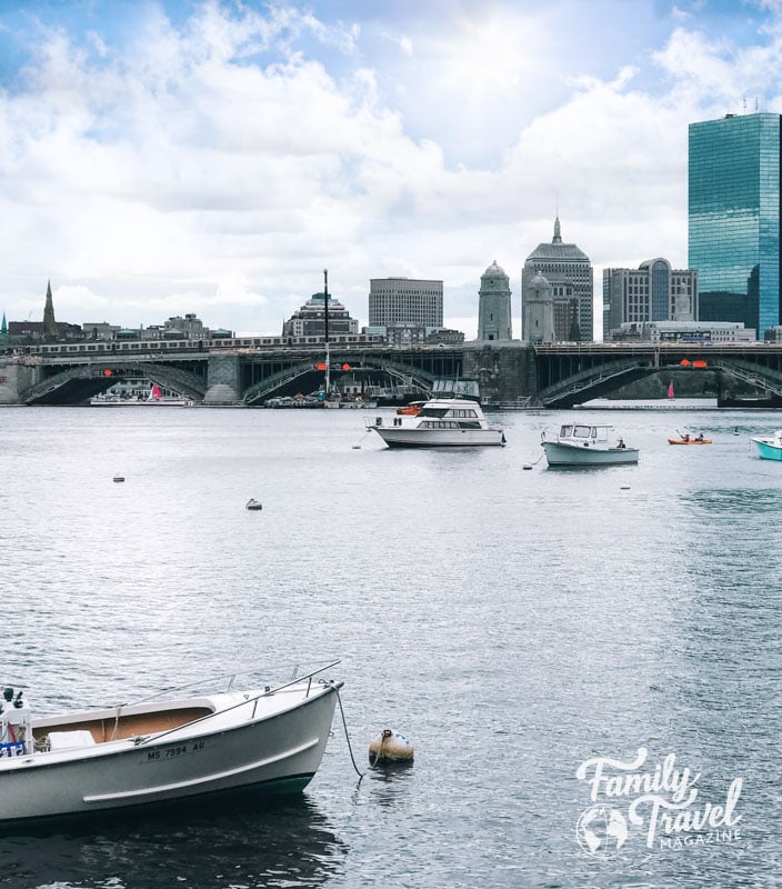 Bridge in front of Boston Skyline with boats in the river