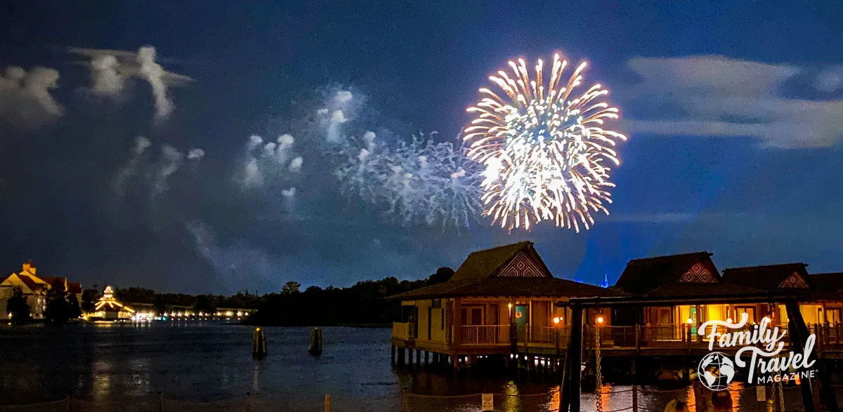 Fireworks over Polynesian overwater bungalows 