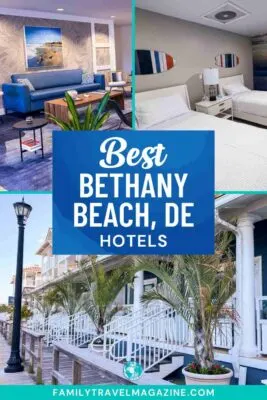 Lobby of hotel Bethany Beach, twin beds in room, exterior of Bethany Beach Ocean Suites