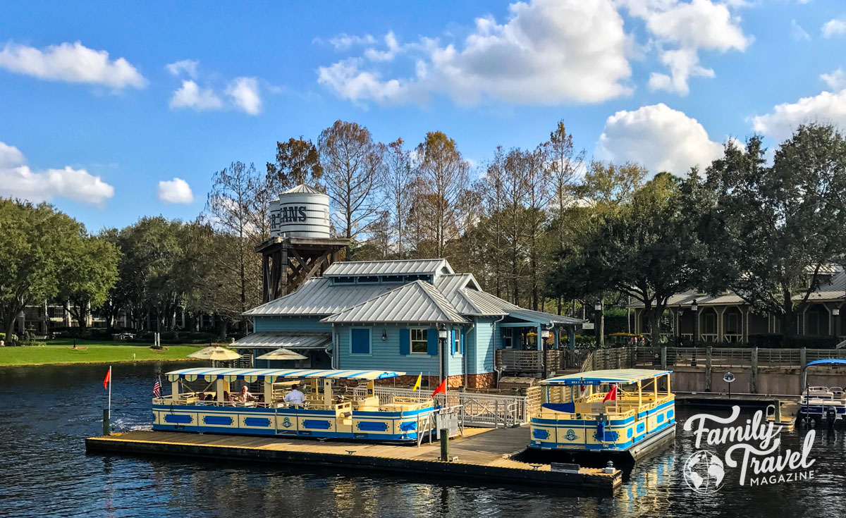 Boat launch dock at Port Orleans Riverside surrounded by trees